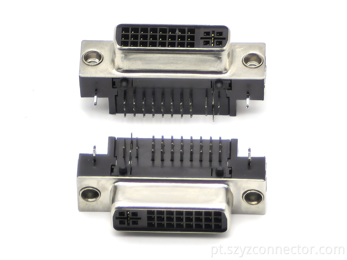 Conector DVI ângulo reto DIP fêmea preto com revestimento de ouro seletivo e rebitagem incluindo parafusos 29P DVI Connector Right Angle DIP Female Black With Selective Gold Plating and Riveting Including Screws 29P